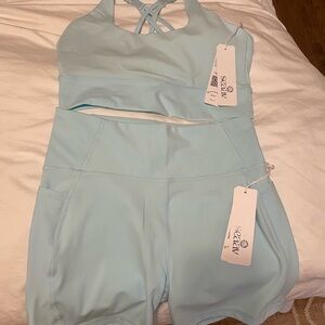 NEW SEAAV Light Blue Workout Set (Shoreline Support Bra/Biker Shorts), Large